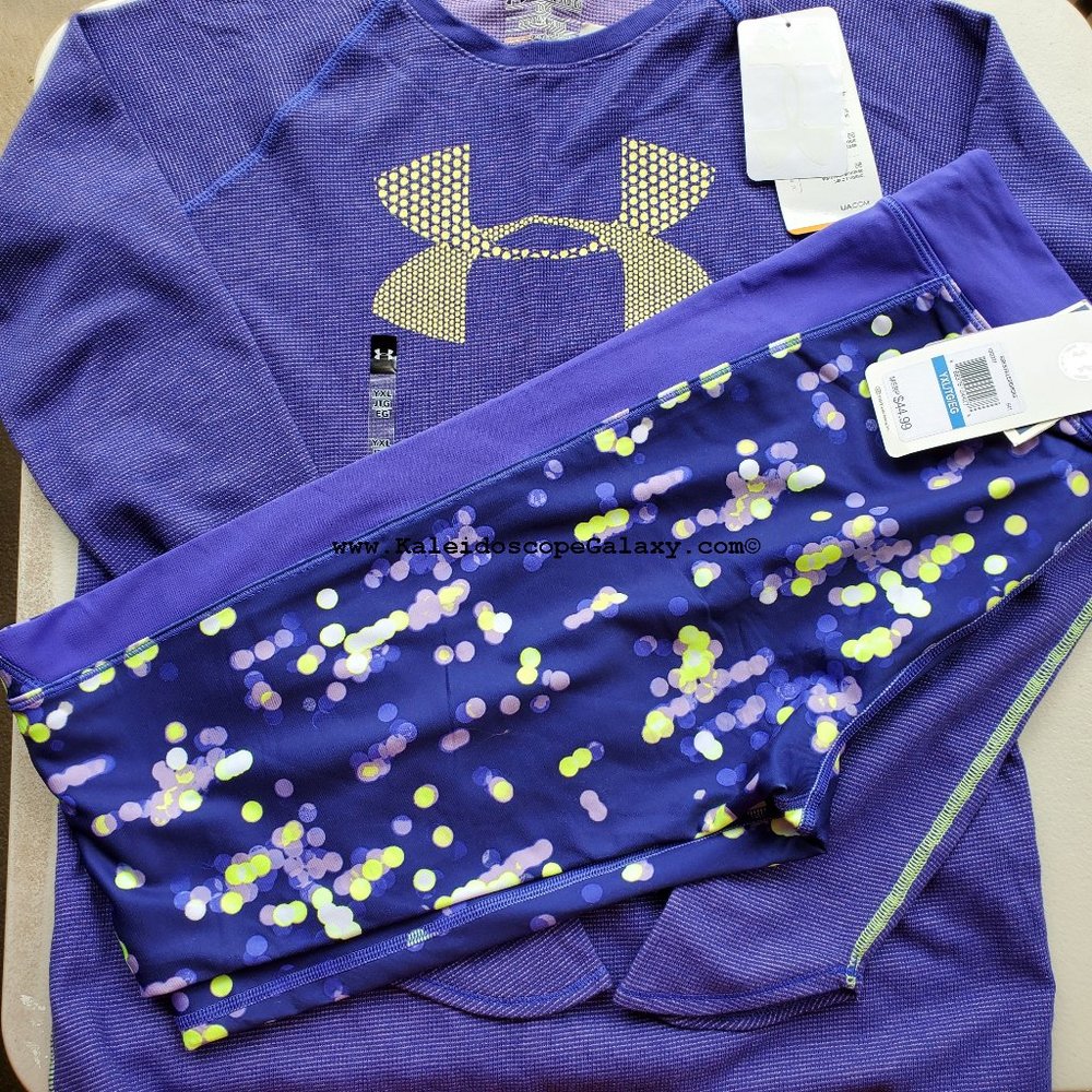 Under Armour Girls Large Leggings w/ Long Sleeve Top Winter Purple Yellow